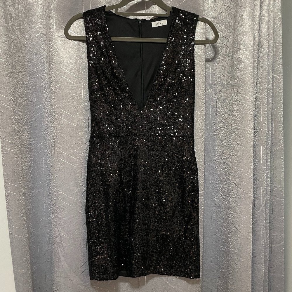 TOBI Black Sequin Deep V Mini Dress - Sexy & Sparkly, Events & Nights Out - Sz M